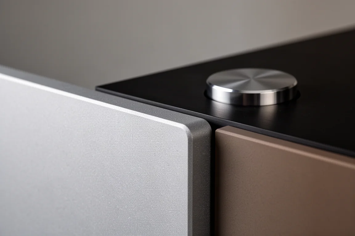 Primo piano di un pannello frontale hi-fi in alluminio sabbiato che incontra un pannello superiore in acciaio opaco