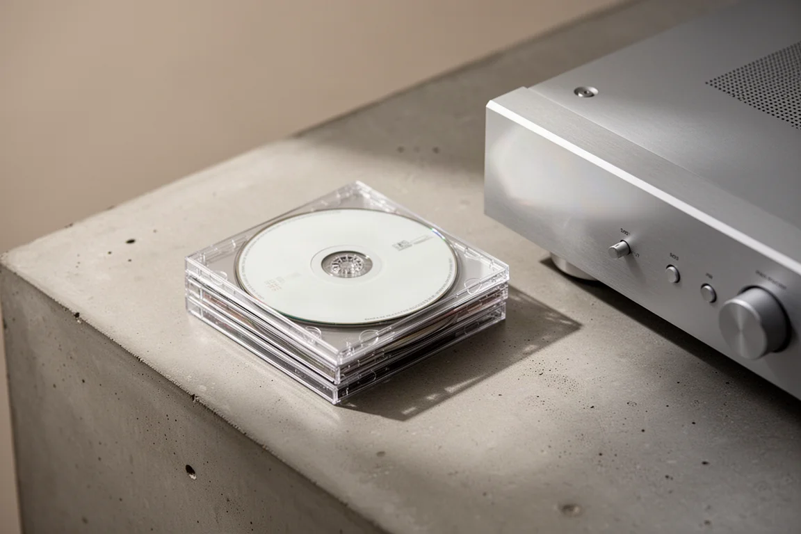 Pila di compact disc accanto al bordo di un componente hi-fi argentato