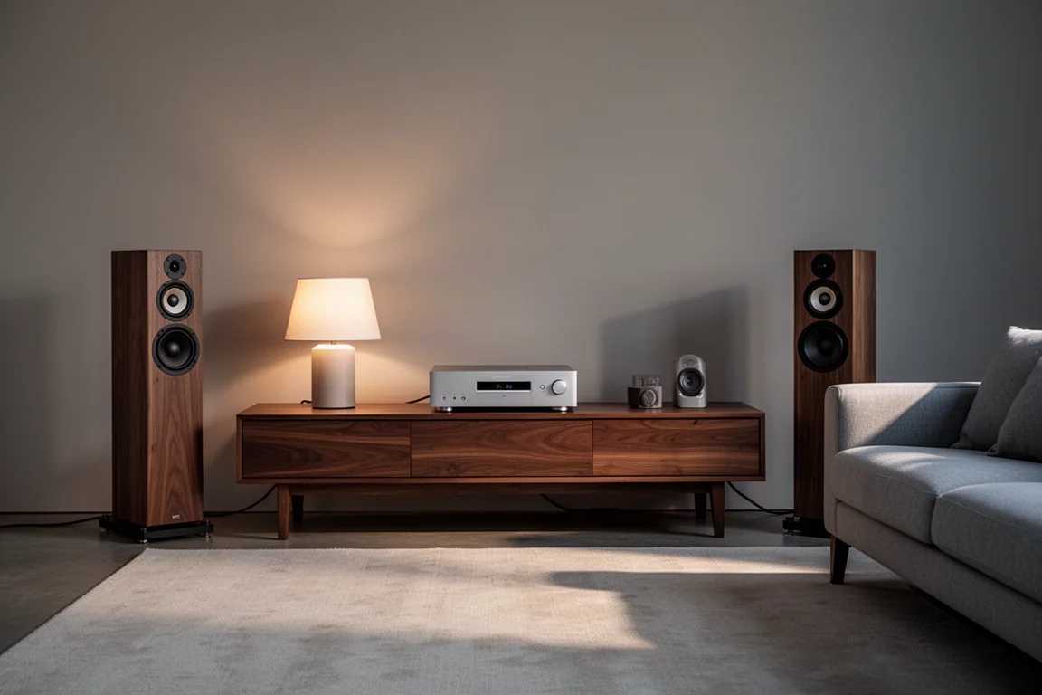 Impianto stereo in soggiorno con diffusori ai lati di una bassa console in legno