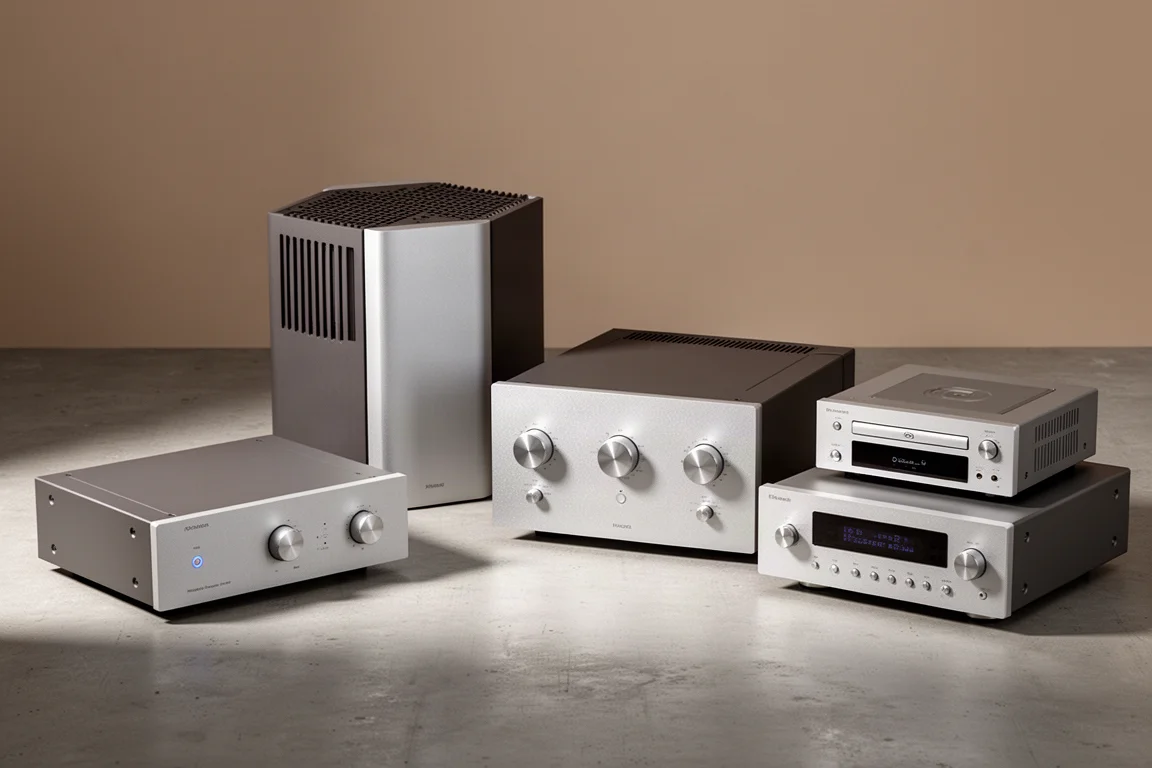 Four silver high-end stereo components arranged in an arc on a concrete surface