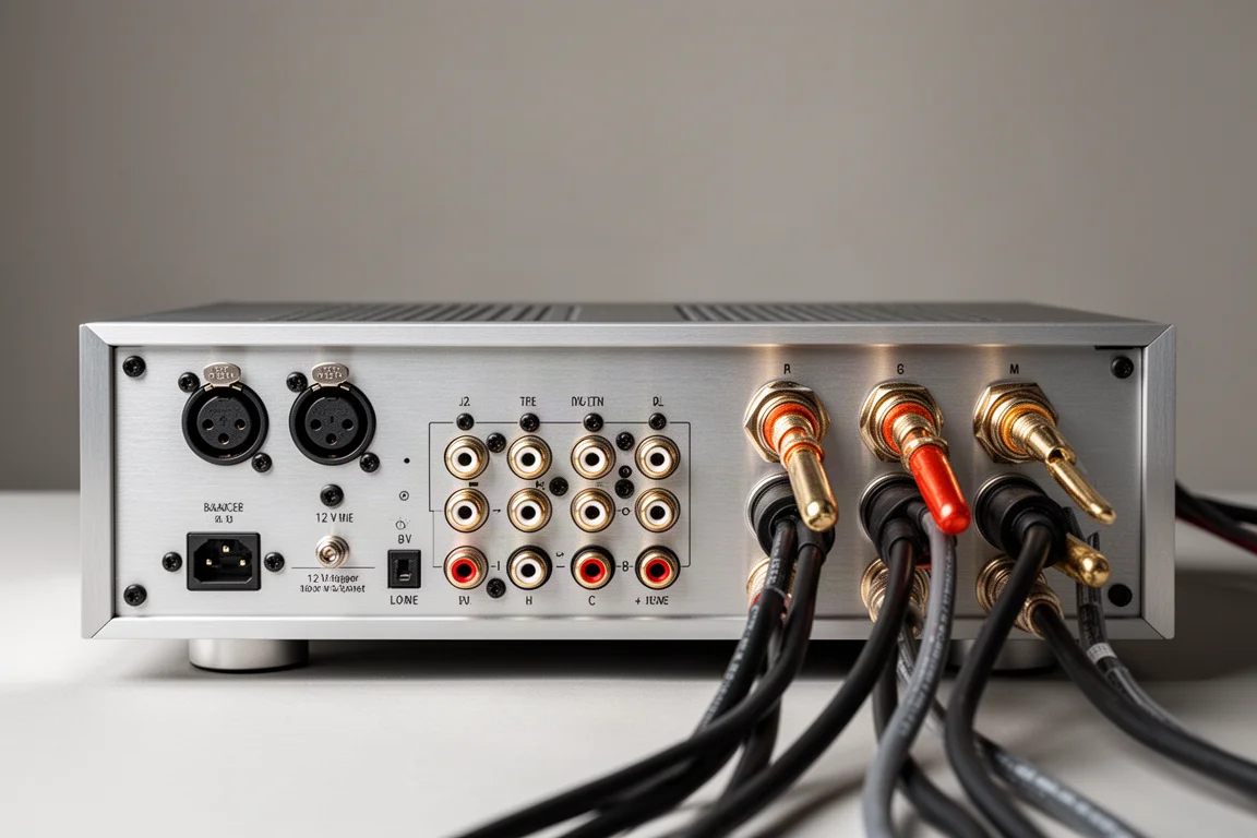 XLR, RCA 및 스피커 연결 단자가 보이는 파워 앰프의 후면 패널