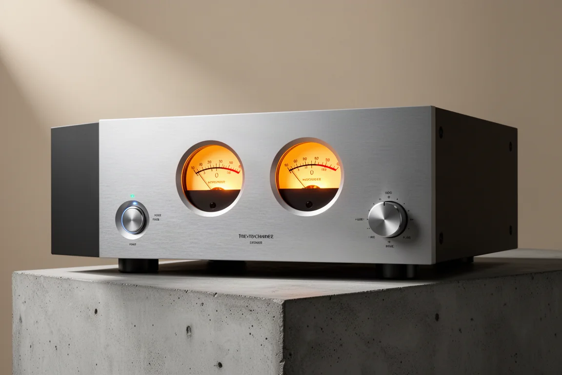 Onkyo M-80 power amplifier with amber analog VU meters on a concrete surface