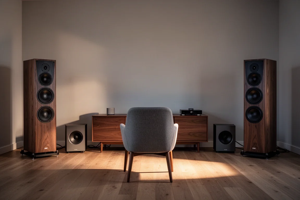 Sala de audição ampla ao anoitecer com caixas floorstanding, subwoofer e poltrona vazia