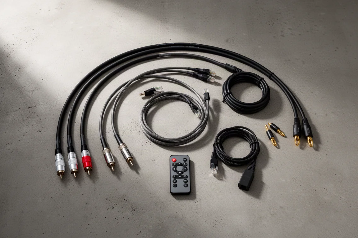 Vista superior de cabos RCA, coaxial, óptico e Ethernet sobre superfície de concreto