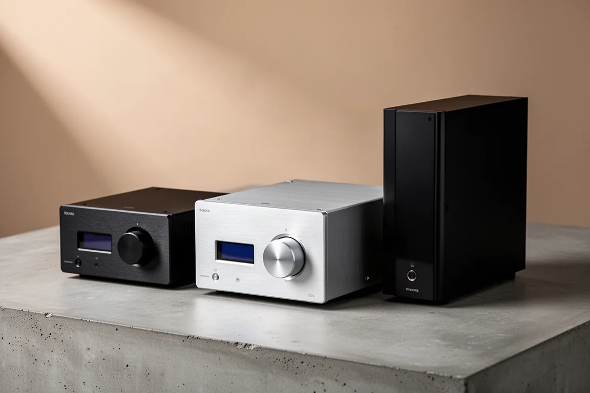 Three compact and full-size integrated amplifiers arranged on a matte concrete surface