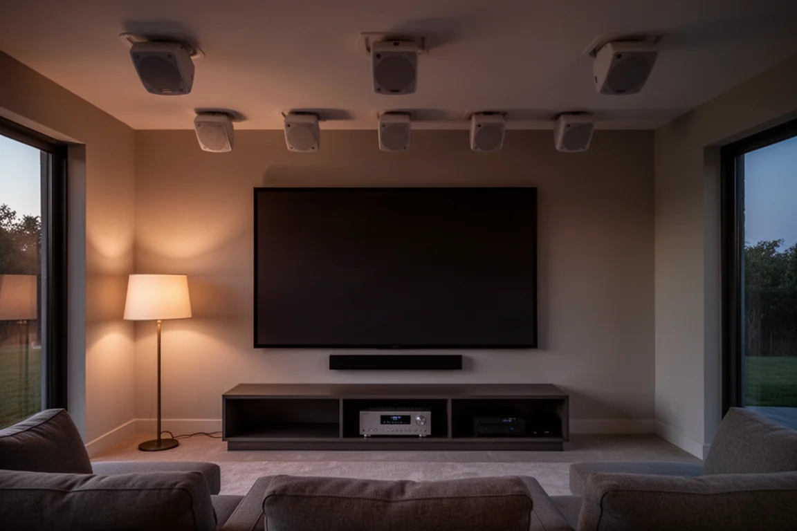 Dark home theater room with tiered seating, glowing screen, and wall mounted surround speakers