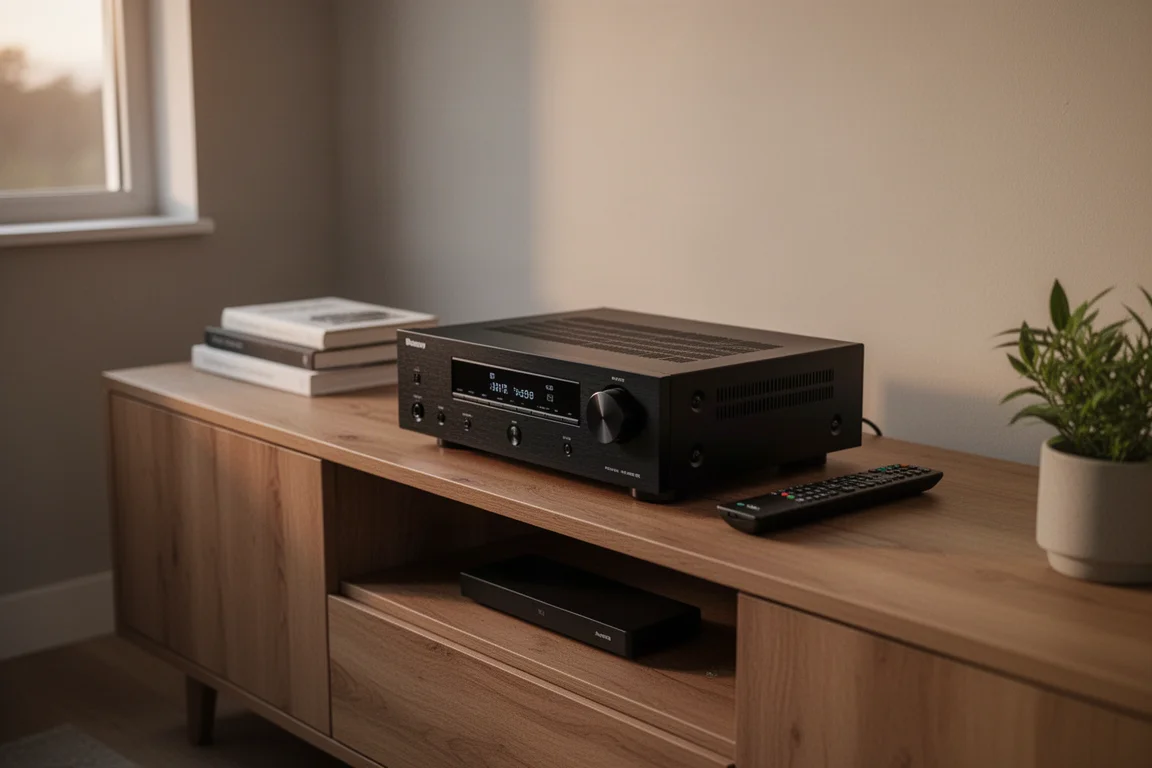 Minimal living room corner with a matte black tower speaker beside a compact subwoofer