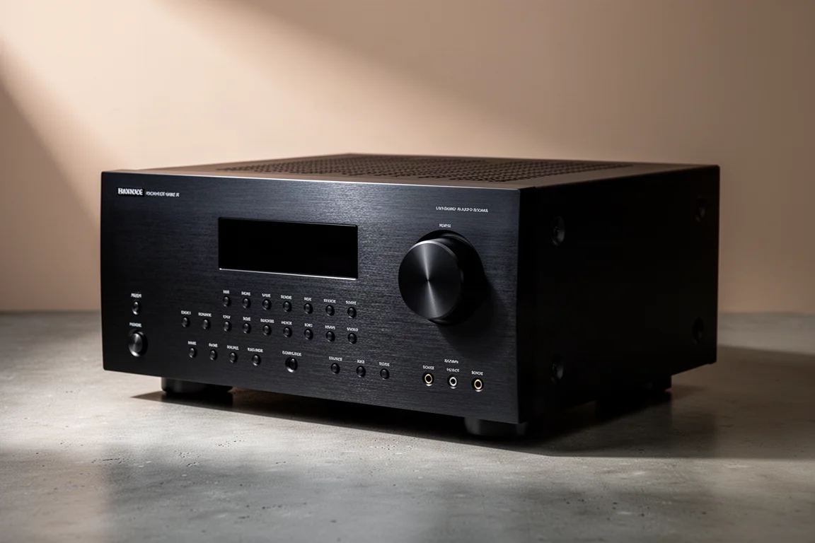 Black flagship AV receiver with brushed aluminium front panel on a concrete surface