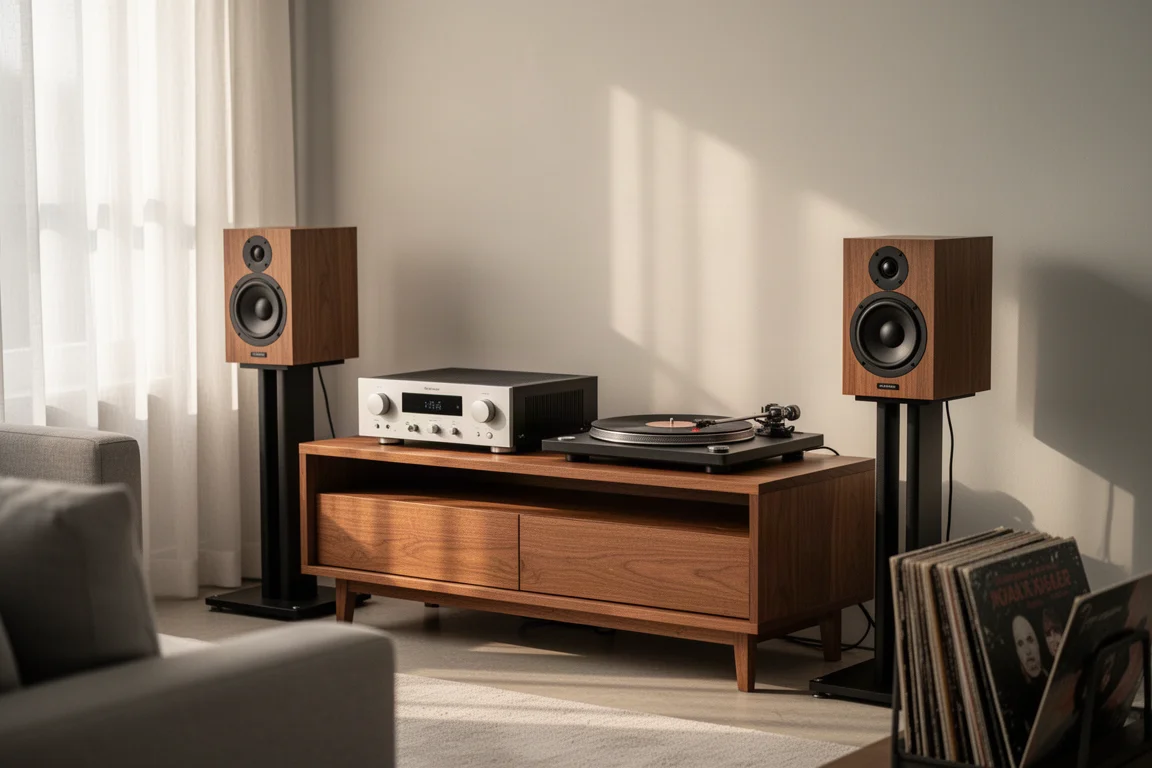 Compacte tweekanaals luisteropstelling met een platenspeler, kleine luidsprekers en vinylplaten