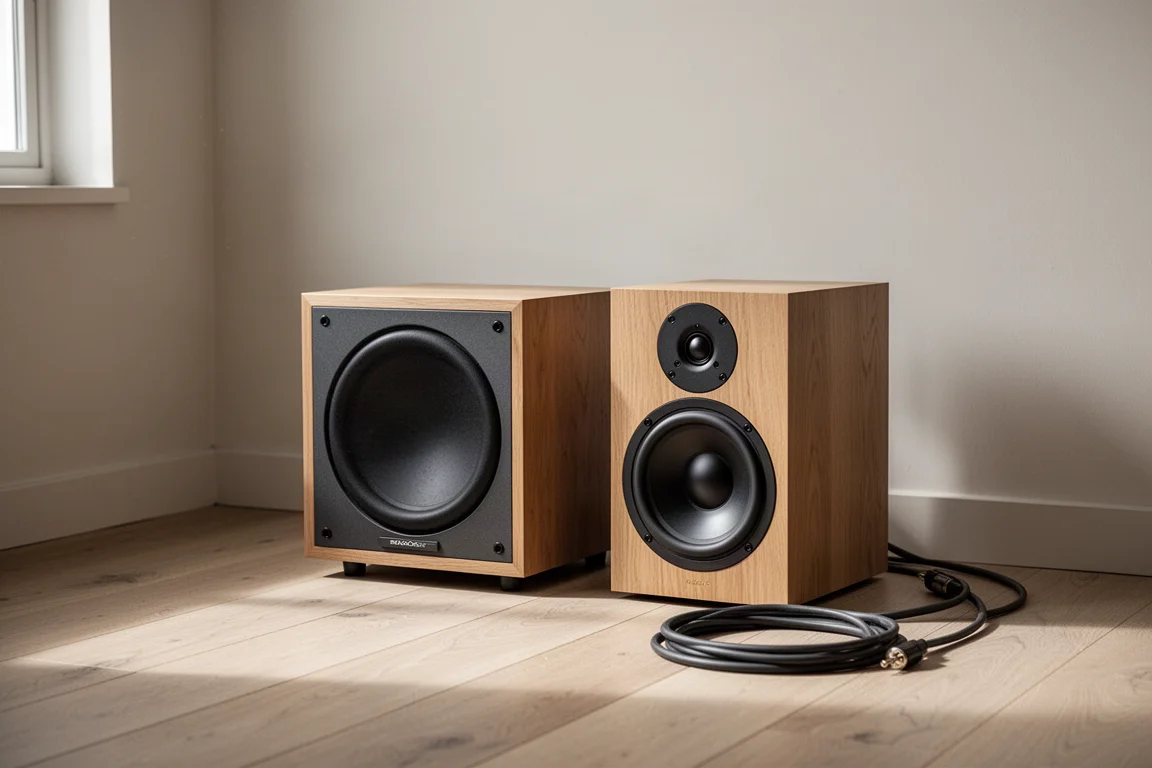 Compacte subwoofer naast een boekenplankluidspreker op een houten vloer