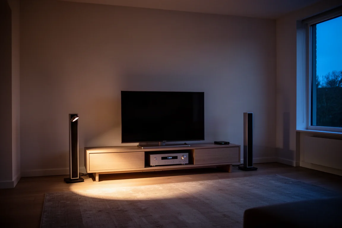 Woonkamer in de schemering met een televisie en een tweekanaals stereosysteem op een meubel