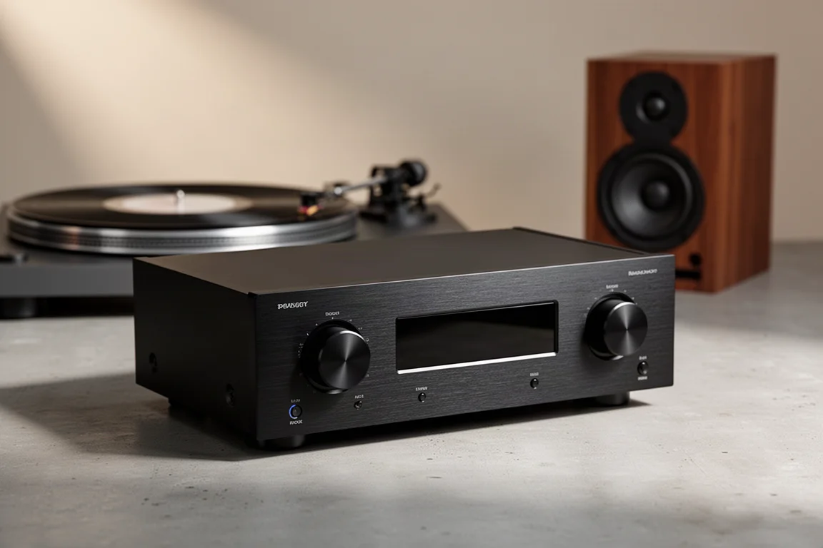 Slim black two-channel stereo receiver with brushed metal front panel on a concrete surface