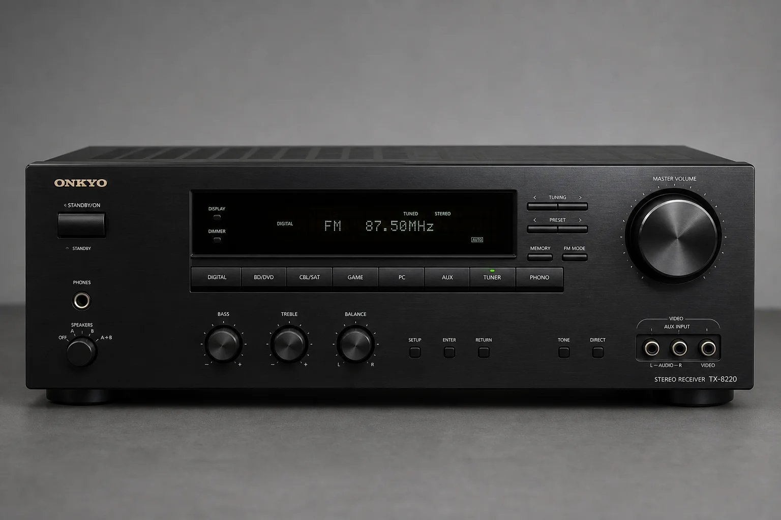 Six stereo receivers arranged on concrete surface showing various sizes and designs