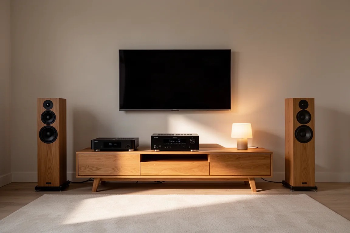 Wohnzimmer-Heimkino mit Surround-Lautsprechern und einem Receiver auf einer Medienkonsole