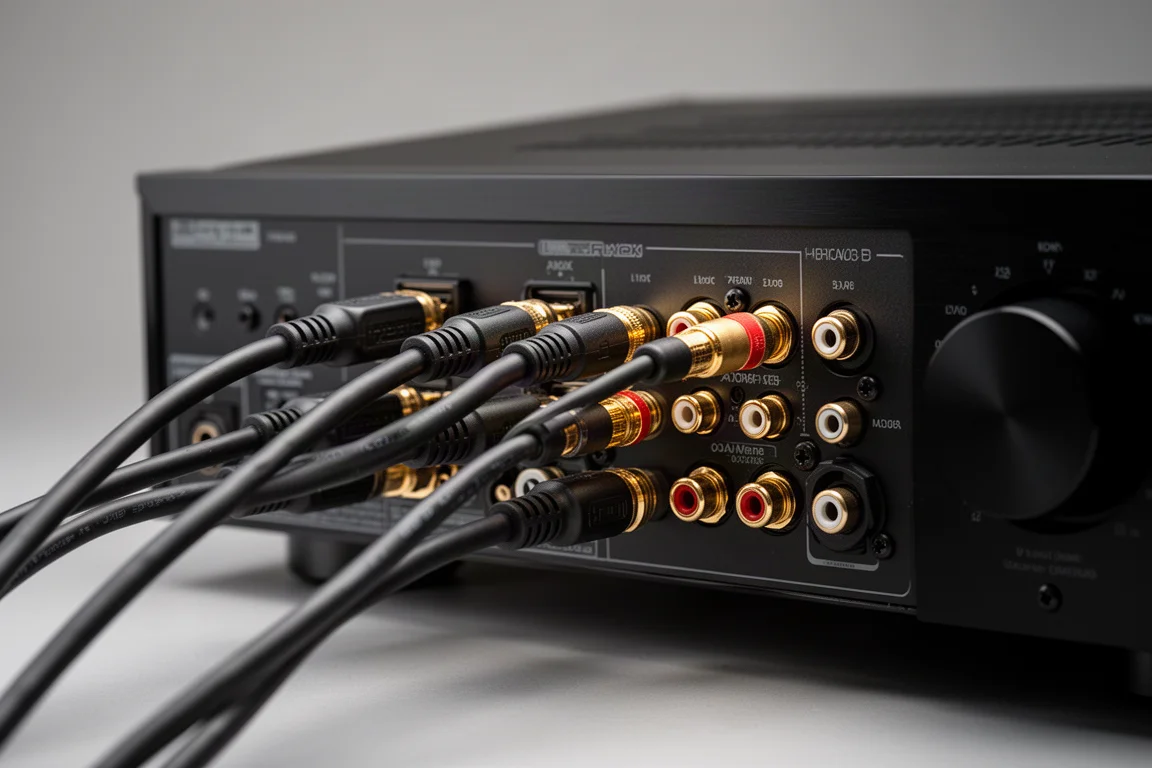 Detail der Rückseite eines AV-Receivers mit angeschlossenen HDMI-Kabeln
