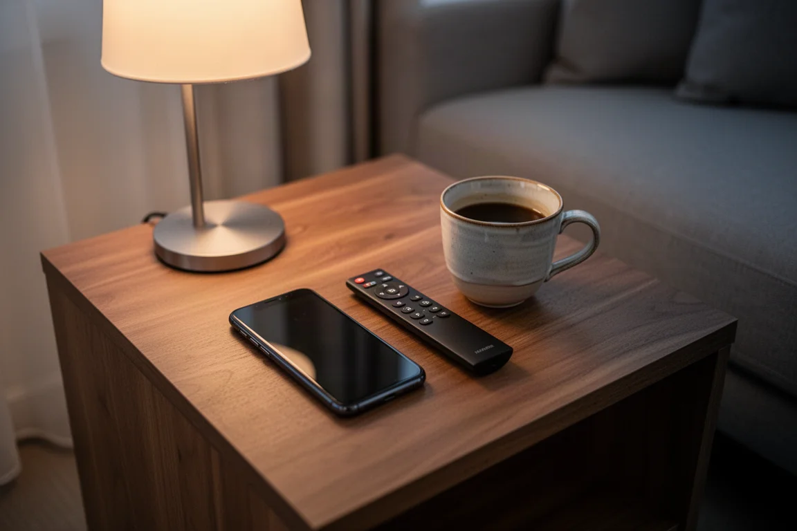 Smartphone, Fernbedienung und Kaffeetasse auf einem Holztischchen in der Dämmerung