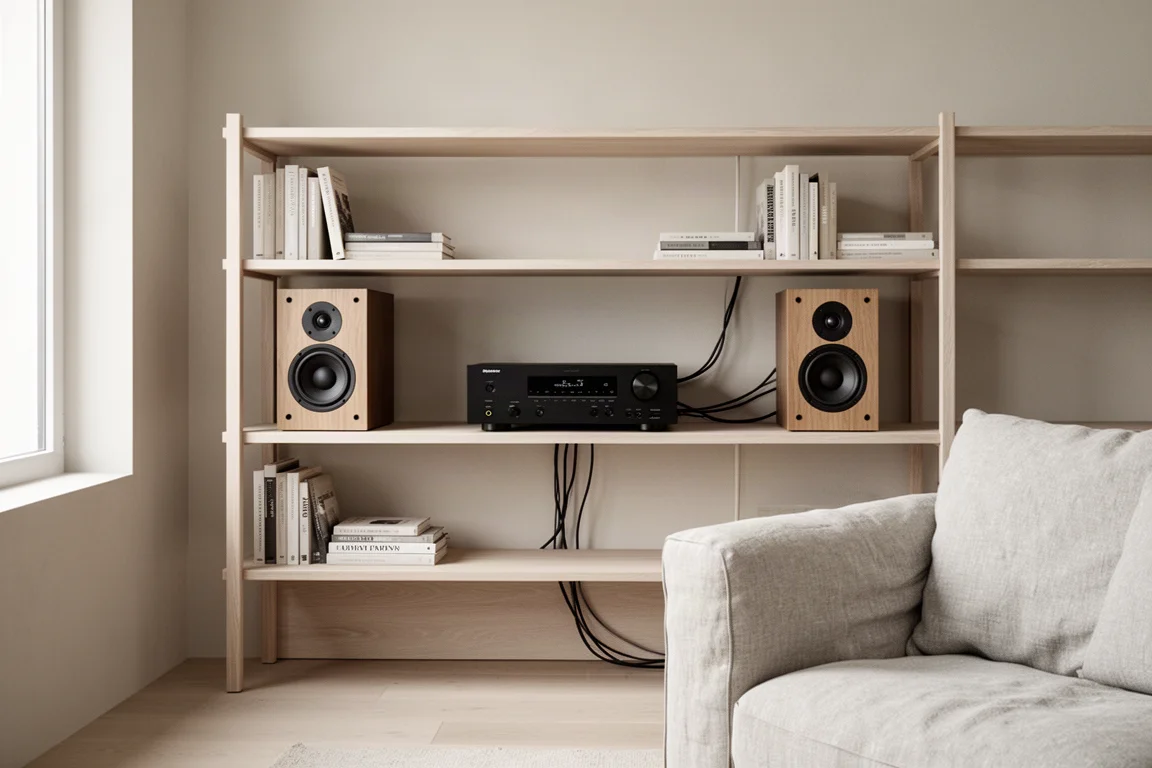 Medienkonsole mit Receiver und Lautsprechern in einem sanft beleuchteten Wohnzimmer