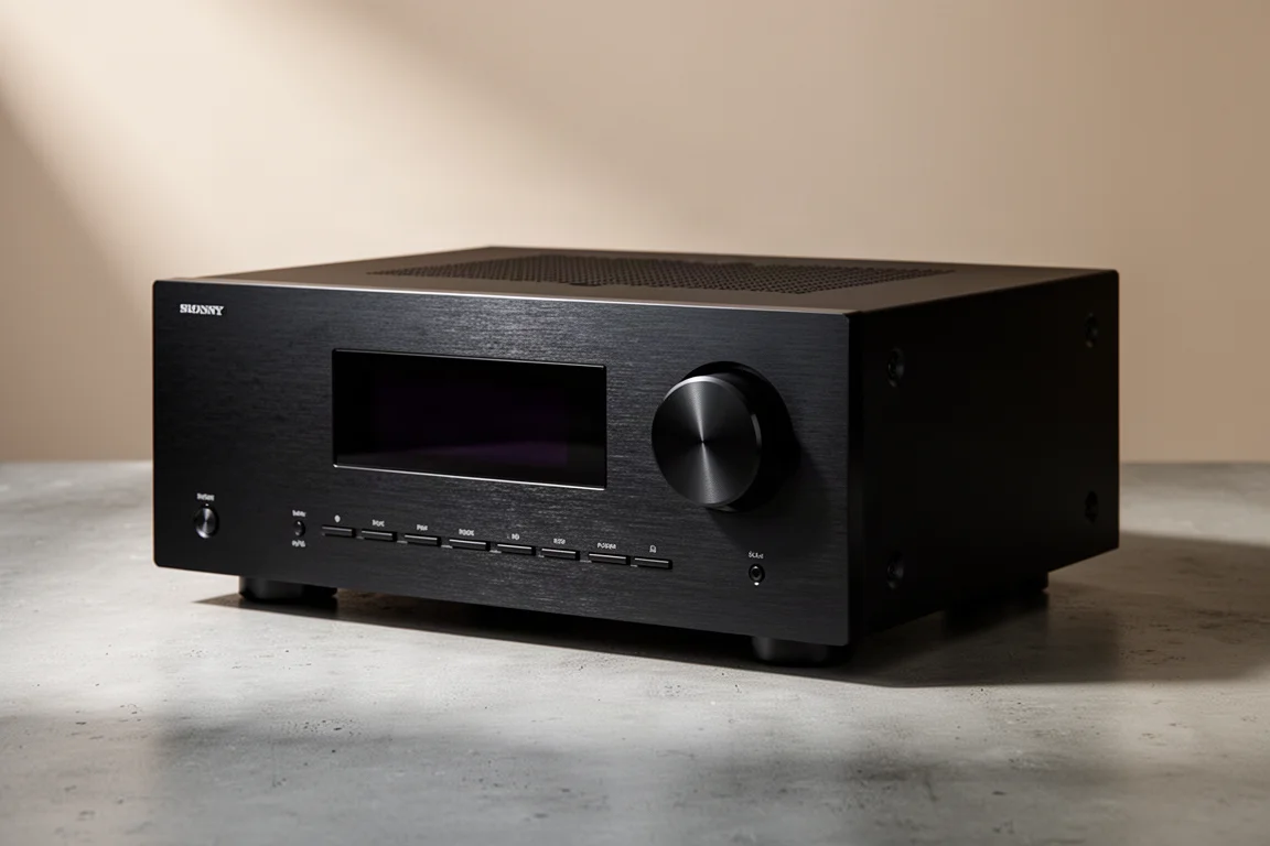 Black home theater AV receiver with brushed front panel and volume knob on concrete