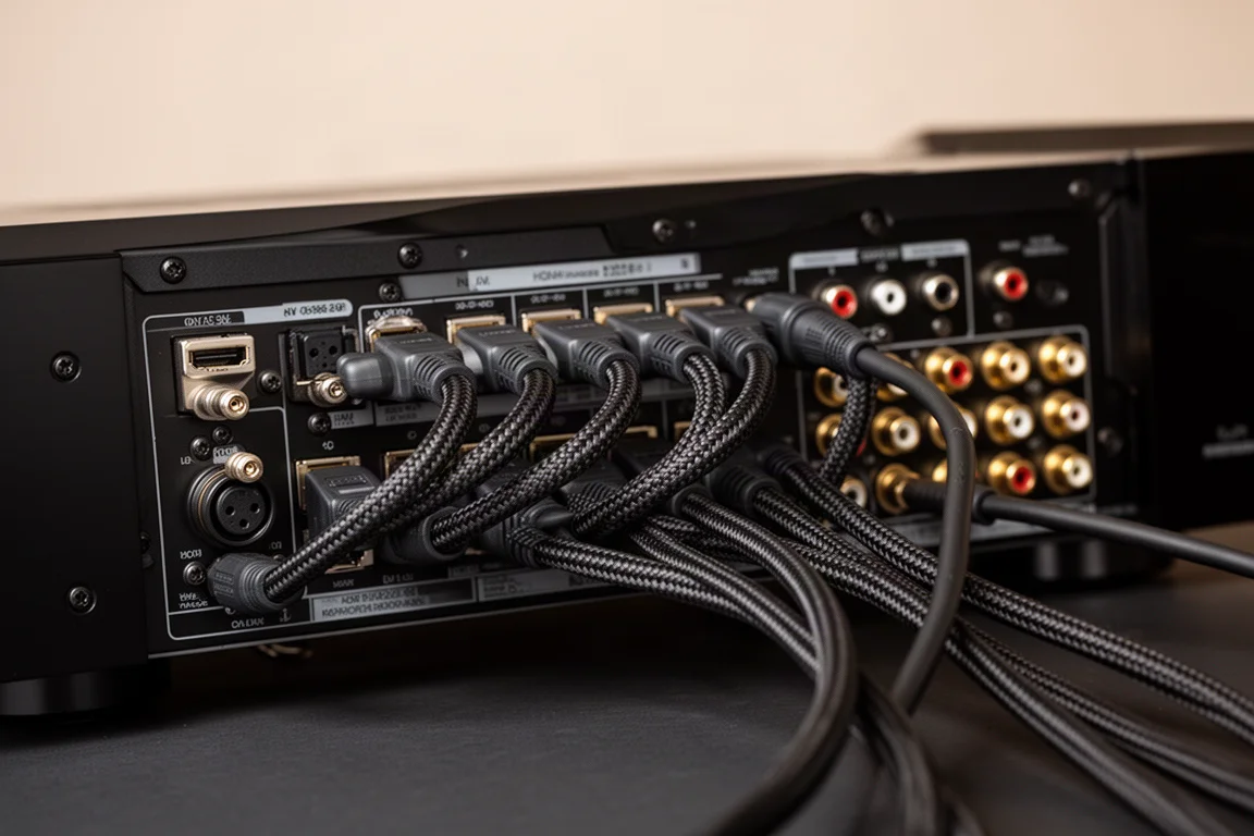 Närbild på HDMI-kablar anslutna till baksidan av en AV-receiver