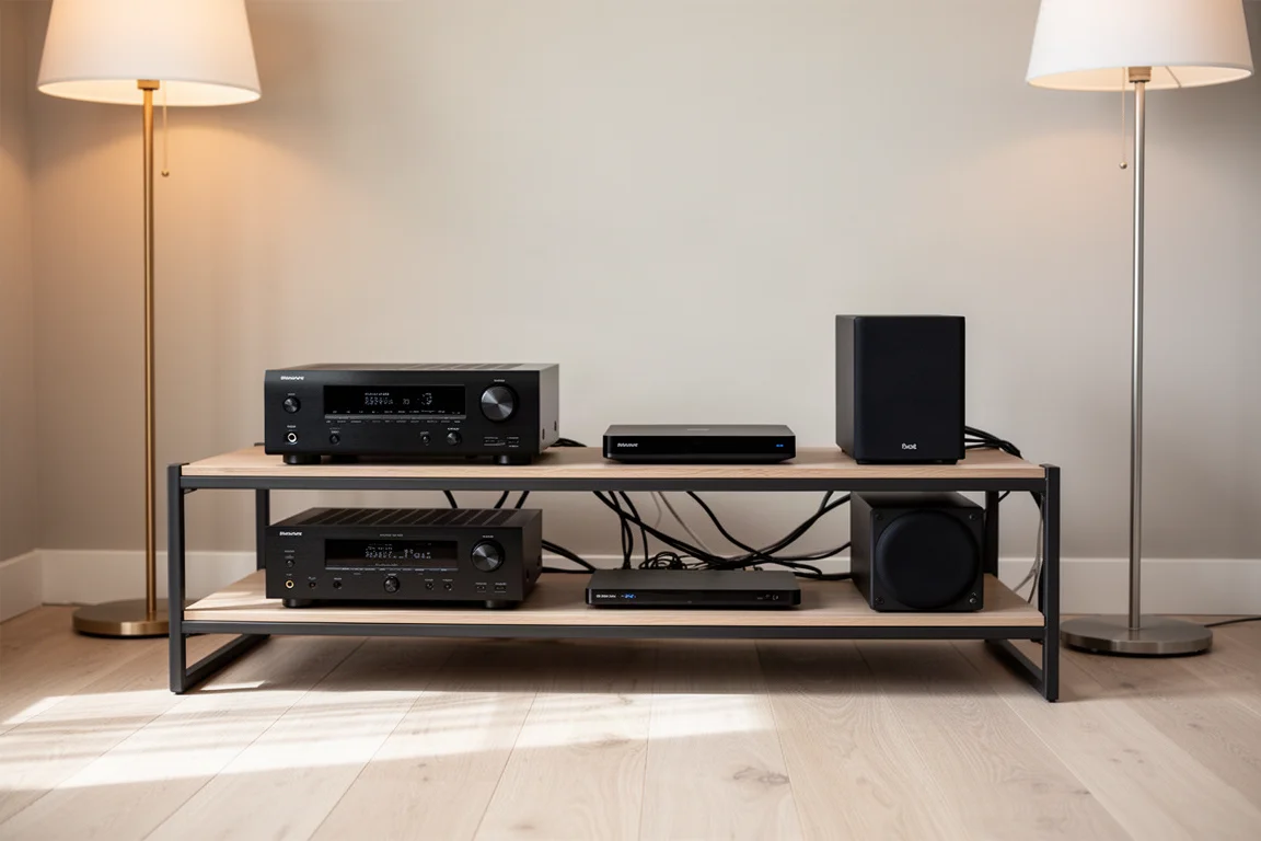 Utrustningsställ med AV-receiver, subwoofer och prydligt dragna kablar