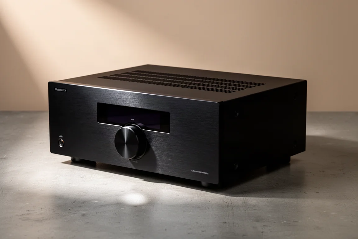 Black AV receiver with brushed metal front panel on a matte concrete surface