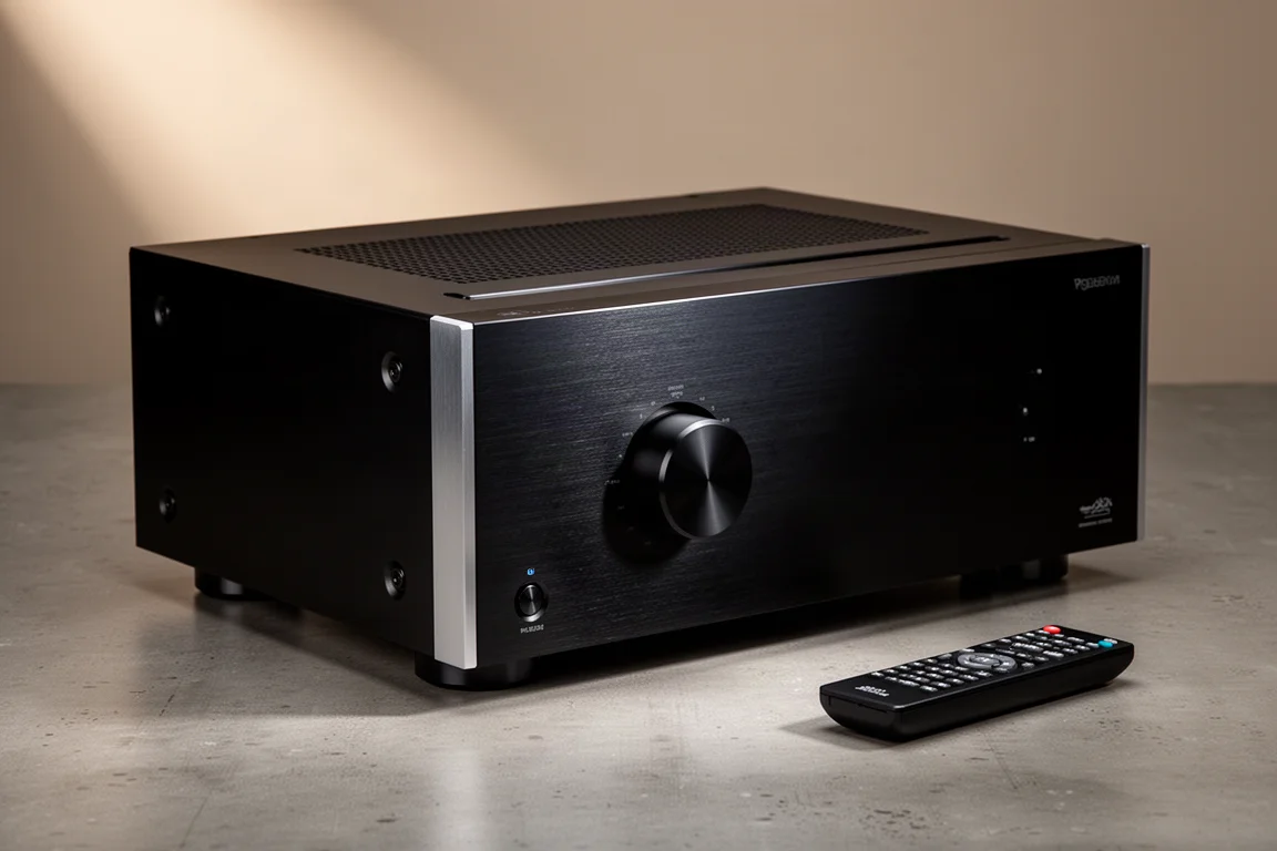 Black 11-channel AV receiver with rotary volume knob on a concrete surface, speakers blurred behind