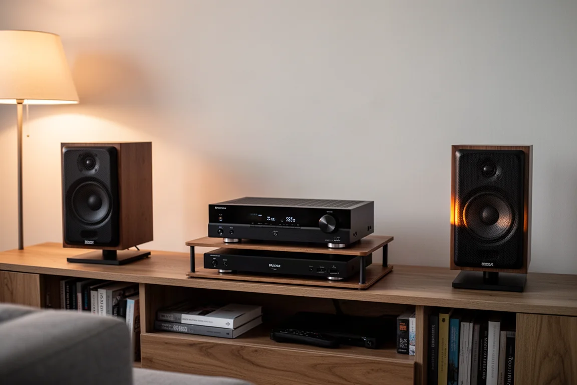 Wohnzimmer-Medienkonsole mit schlankem AV-Receiver und kompakten Regallautsprechern