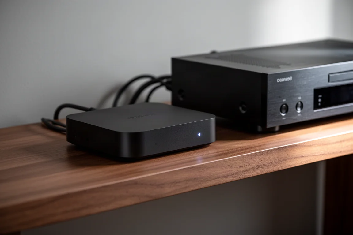 Kompakter Netzwerk-Streamer auf einem Regal neben einem schlanken AV-Receiver