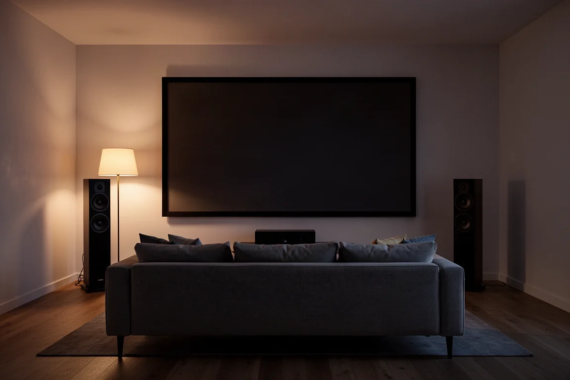 Dämmeriges Wohnzimmer mit Sofa, Bildschirm und Standlautsprechern