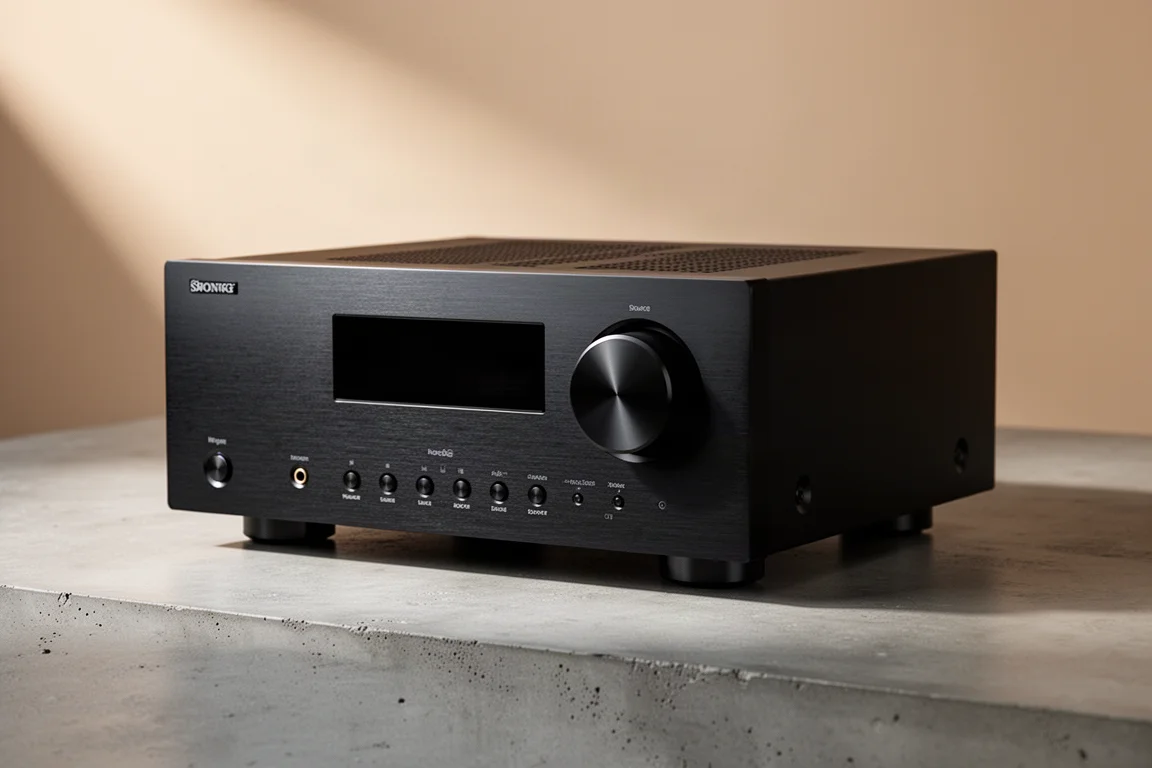 Black home theater AV receiver with brushed metal front panel on a concrete surface