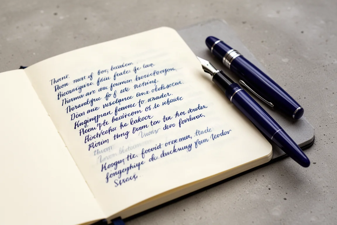 Ręcznie pisane linie niebieskim atramentem na kremowym papierze w notesie