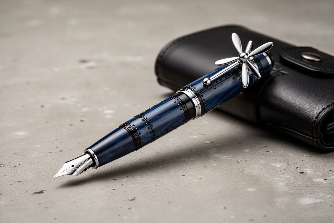 Blue aviation-themed fountain pen with propeller clip beside a leather pen roll