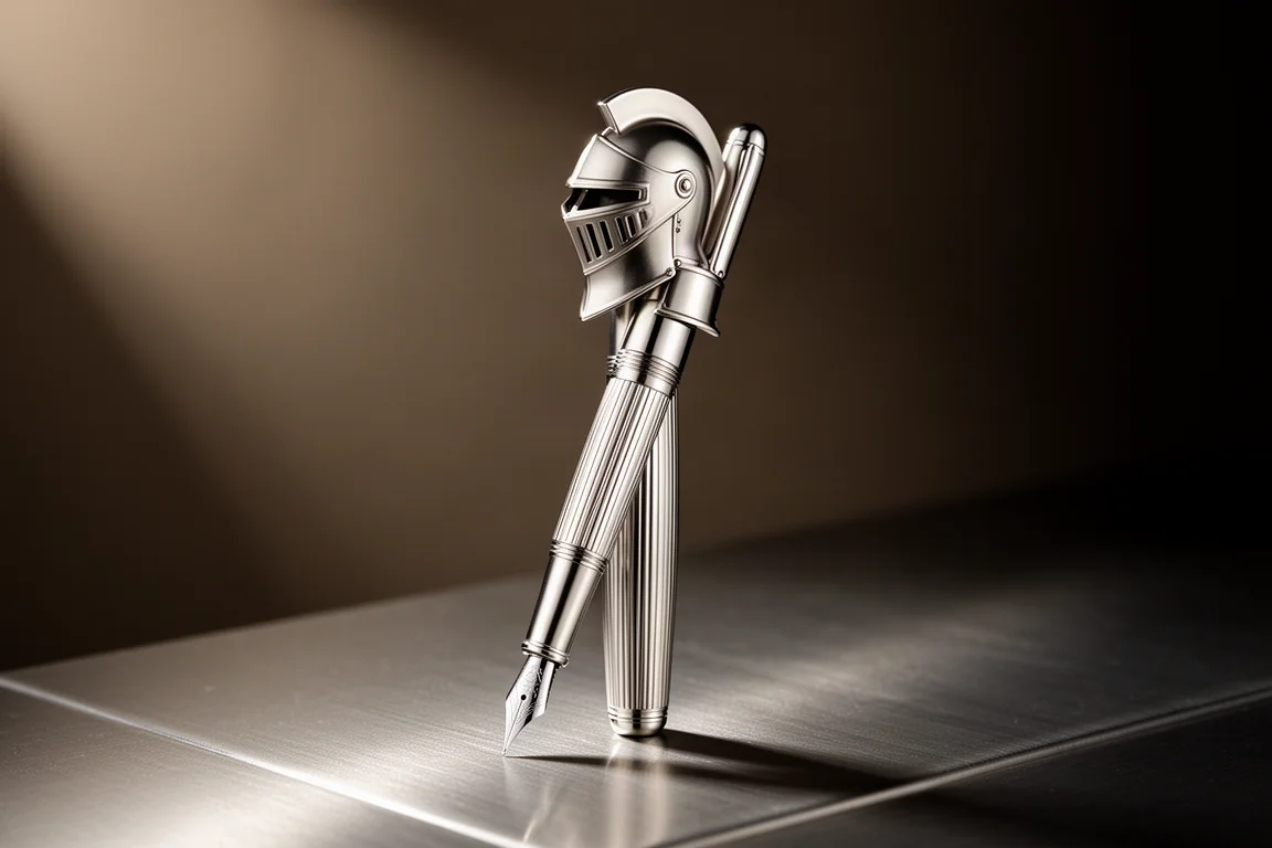 Heavy nickel silver fountain pen with a knight helmet cap on a brushed steel surface