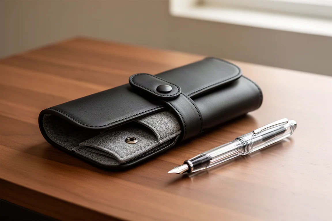 Stylo plume posé sur un bureau à côté d'un étui en cuir souple