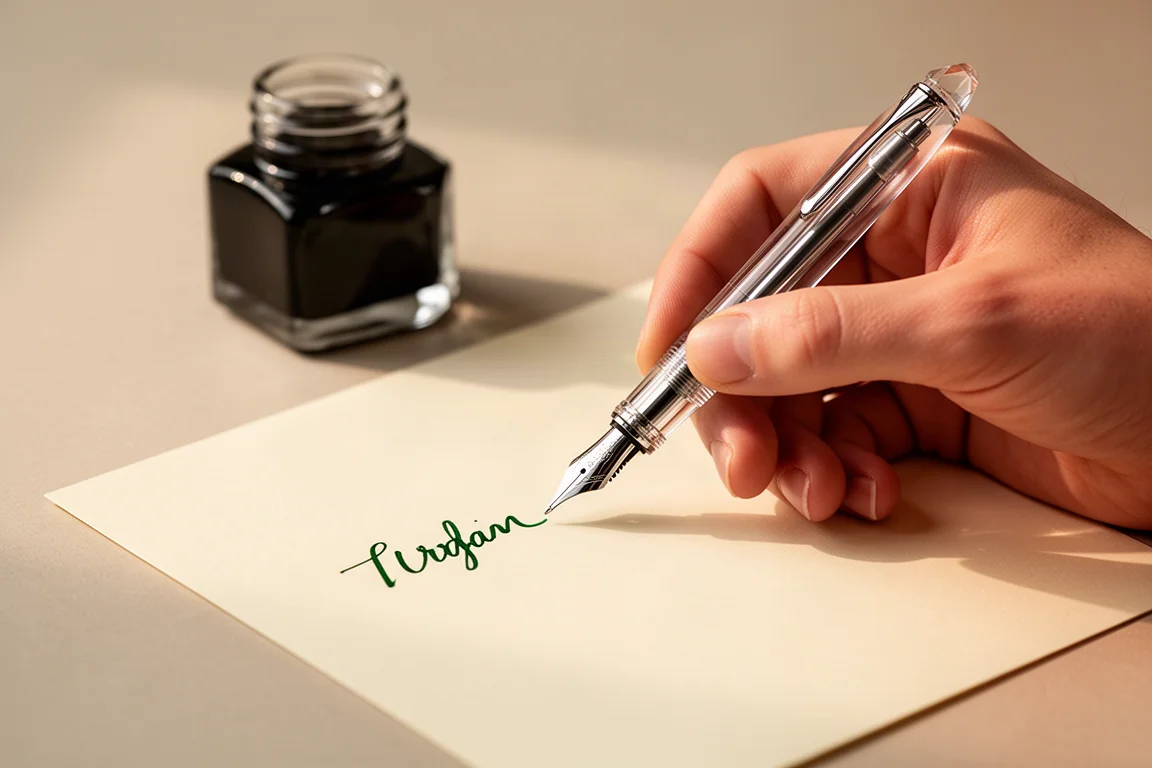 Stylo plume tenu en main pendant une séance d'écriture sur papier crème