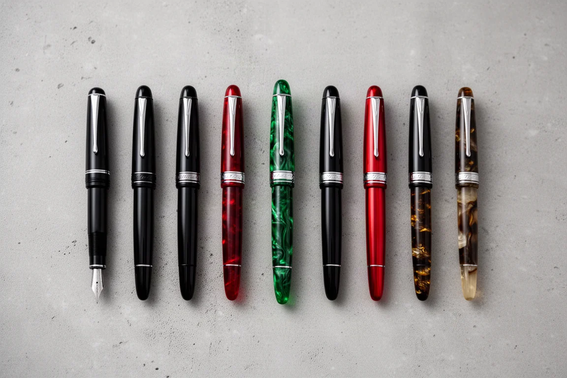 Stylo plume aligné à côté de plusieurs autres stylos pour comparaison de taille