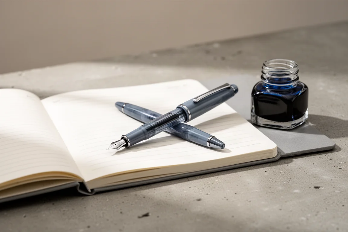 ノートとインク瓶のそば、書き物机の上に置かれた万年筆