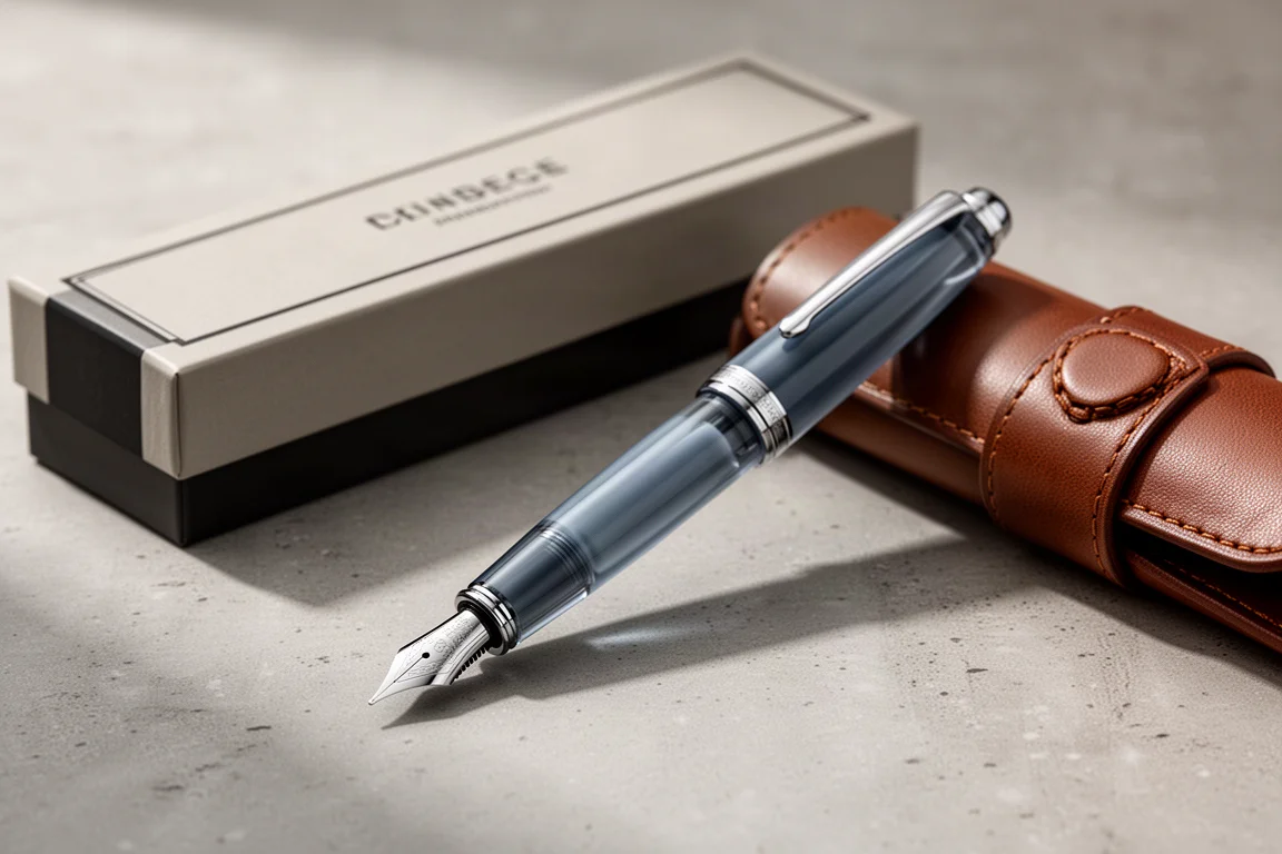 Onoto Scholar fountain pen with box and leather pen roll on concrete surface