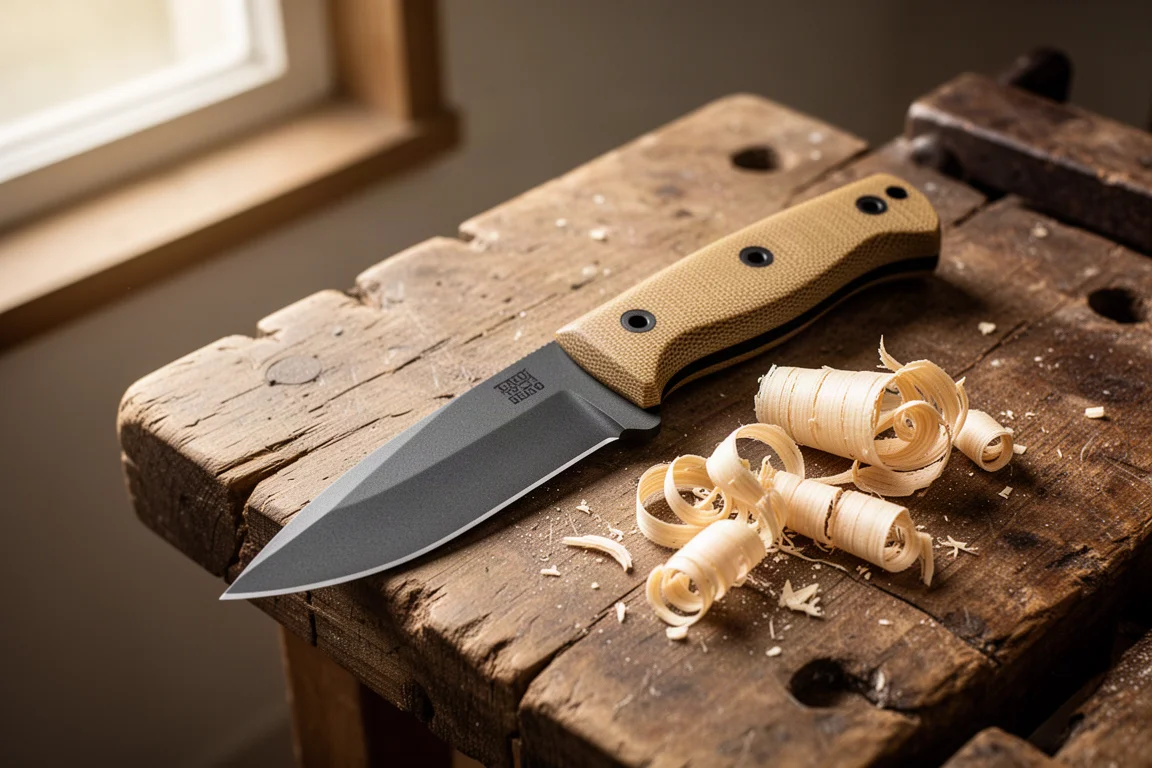 Nóż bushcraft o stałym ostrzu leżący na drewnianym warsztacie obok wiórów drzewnych