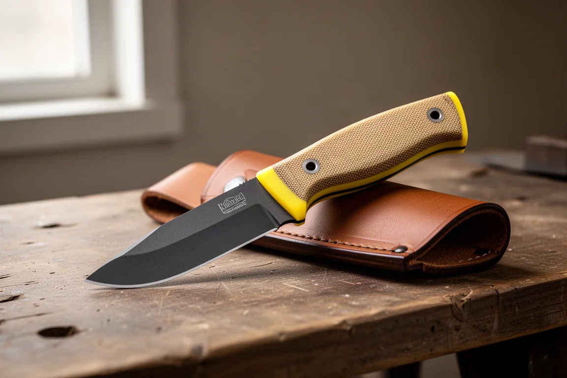 Ontario Fortitude 2 fixed blade knife with tan Micarta handle beside a leather sheath