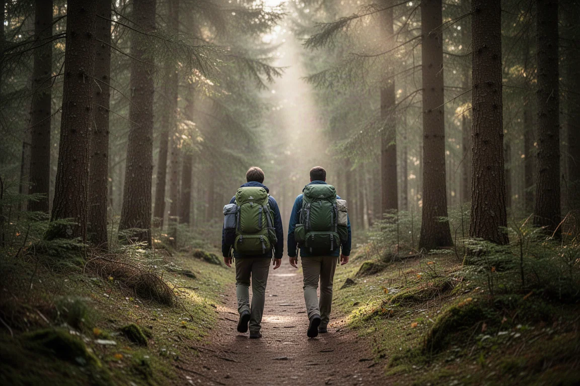 Two hikers with backpacks walking a forested trail, seen from behind