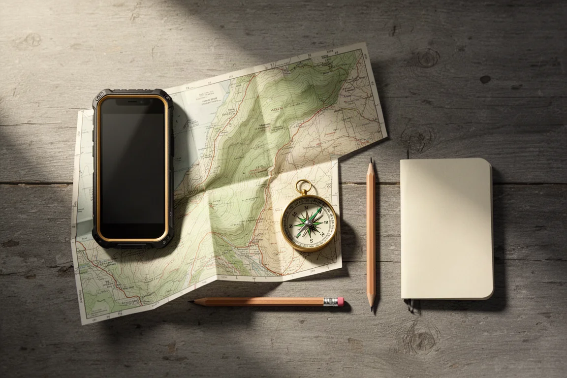 Overhead flat lay of a smartphone, folded map, compass and notebook on weathered wood