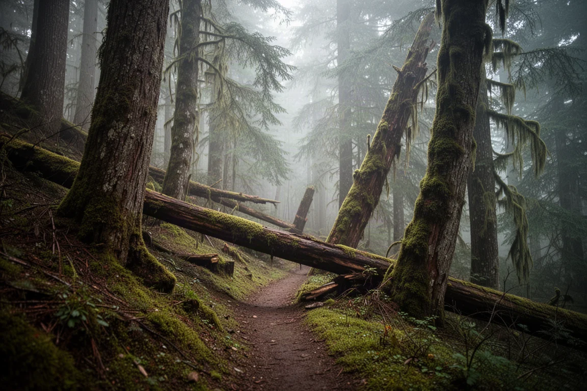 Mossy old growth forest trail with fallen logs and drifting mist