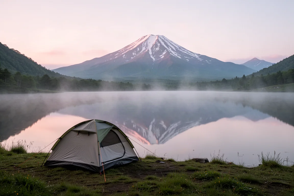 Tent beside an alpine lake at dawn with a snow capped peak reflection