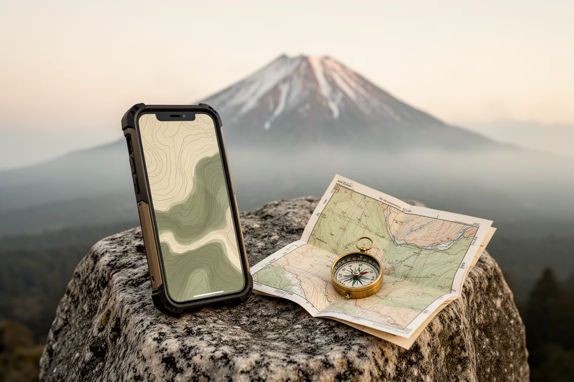 Smartphone robusto con mappa topografica visualizzata su granito accanto a una mappa cartacea e una bussola