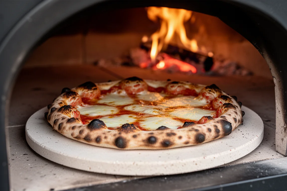 Freshly baked pizza with charred crust on a cordierite stone inside a hot outdoor oven