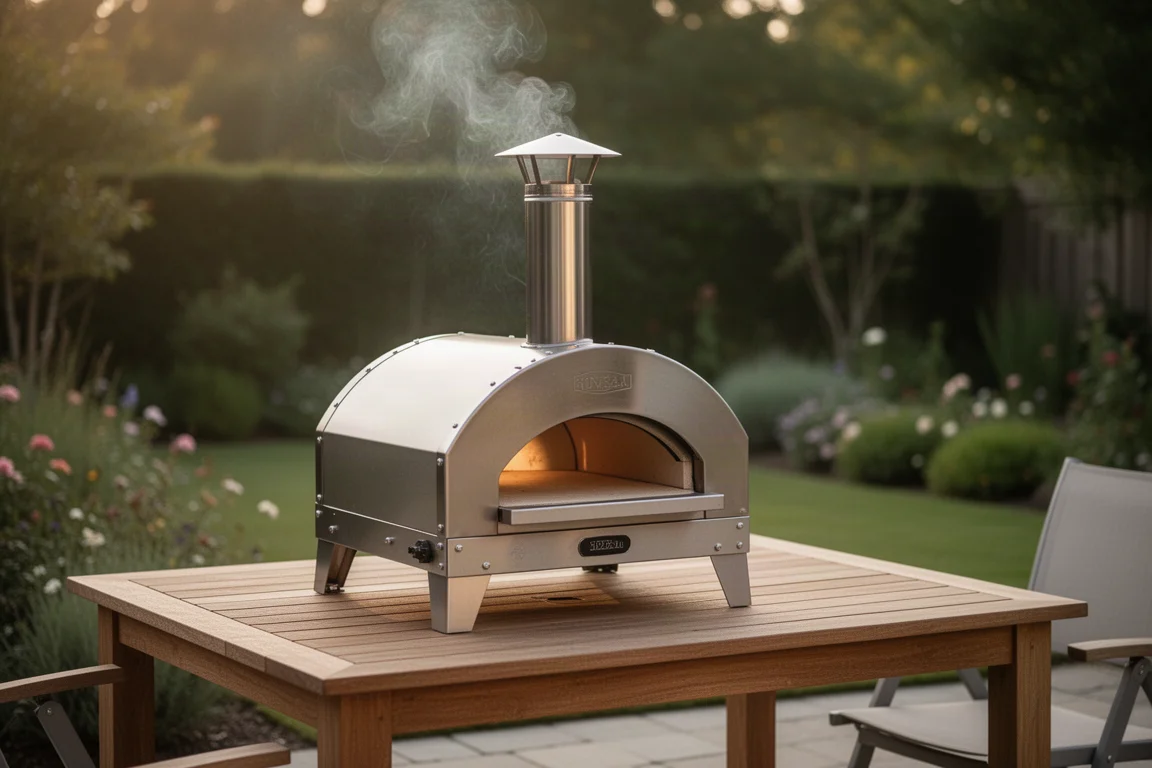 Wood-fired pizza oven with chimney vent smoking softly on a backyard patio