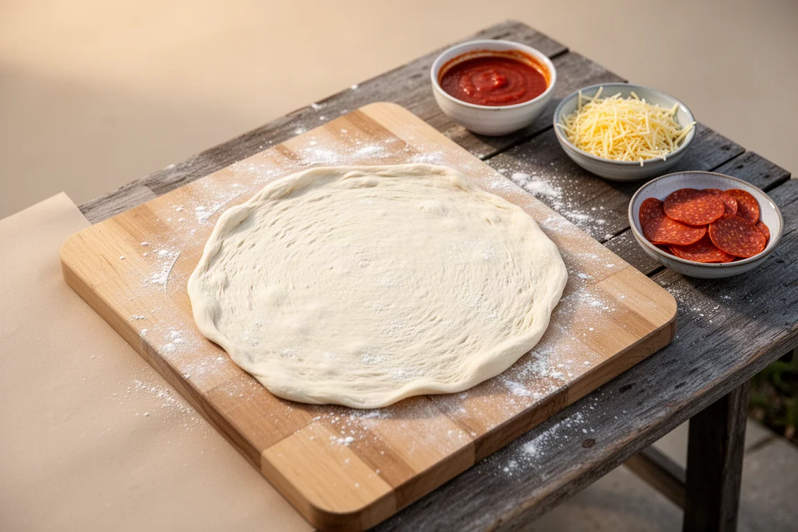 Raw pizza dough being stretched on a floured wooden preparation board