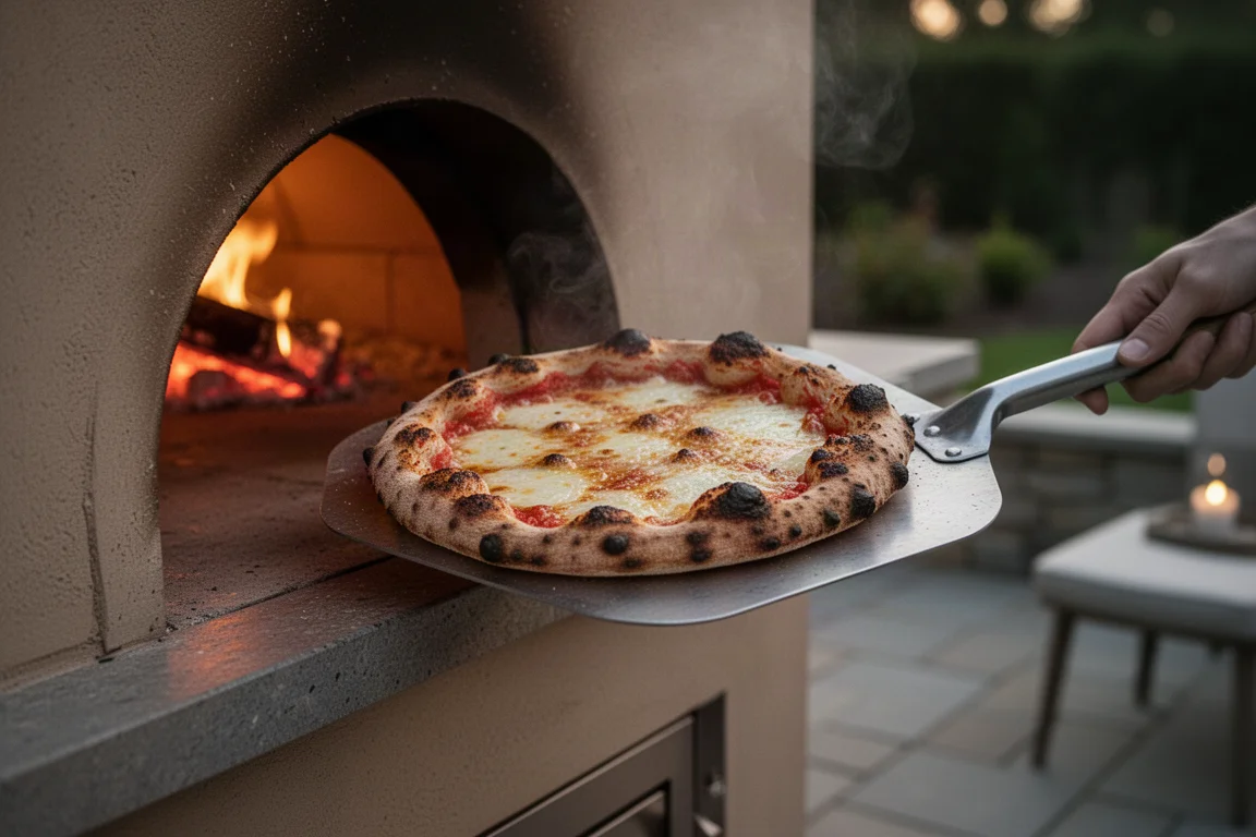 Golden charred pizza being lifted from a hot outdoor oven with a metal peel
