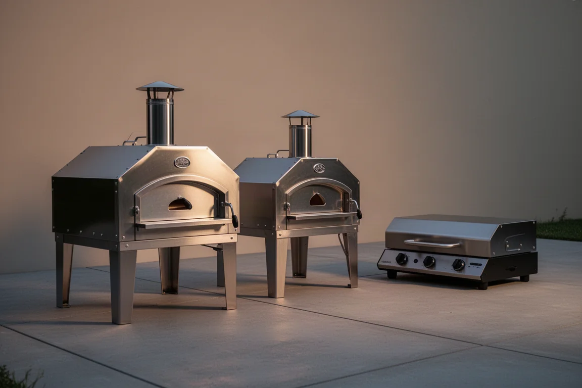 Three portable Ooni pizza ovens lined up on a concrete patio surface